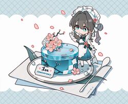  1girl aixixixixi alternate_costume apron blue_hair branch brown_hair cake cherry_blossoms chibi colored_inner_hair earrings flower_earrings food frills gloves hair_between_eyes hand_up highres honkai:_star_rail honkai_(series) jewelry long_hair looking_at_object maid maid_apron maid_headdress multicolored_eyes multicolored_hair necklace pearl_necklace ruan_mei_(honkai:_star_rail) simple_background smile solo spoon standing white_background 