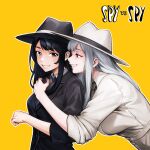  2girls black_hair black_hat black_jacket black_necktie black_spy buttons copyright_name fedora grin hat highres jacket long_hair looking_at_another minamoto80486 multiple_girls necktie outline personification ringed_eyes simple_background smile spy_vs_spy teeth white_hair white_hat white_jacket white_outline white_spy yellow_background 