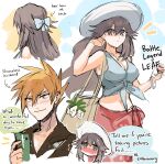  absurdres bag blue_oak blush bow bowtie brown_bag english_text handbag hat highres holding holding_poke_ball kash-phia leaf_(pokemon) poke_ball pokemon pokemon_frlg pokemon_sm smirk speech_bubble white_bow white_hat 