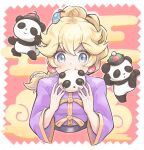  1girl artist_name blonde_hair blue_eyes braid braided_ponytail changpao chinese_clothes earrings hair_ornament hairpin high_ponytail highres jewelry konata_w1225 kung_fu_peach long_hair looking_at_viewer official_alternate_costume official_alternate_hairstyle panda princess_peach princess_peach:_showtime! purple_nails purple_shirt shirt solo sphere_earrings super_mario_bros. upper_body watermark 
