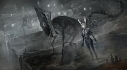  1girl book_head bottle building commentary_request cover cover_page gun highres holding holding_gun holding_weapon horror_(theme) kohata_(kohatazuke) lamppost lights mask monochrome monster monster_focus night novel_cover on_railing on_roof one-eyed original outdoors power_lines rabbit_mask railing science_fiction sharp_teeth skinny_legs tail teeth utility_pole weapon 