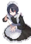  1boy ;) apron black_dress black_hair cat&#039;s_cradle closed_mouth dress frilled_apron frills from_above full_body hair_between_eyes highres hikarinohitori maid maid_apron maid_headdress male_focus one_eye_closed original otoko_no_ko red_eyes short_hair simple_background sitting smile solo waist_apron white_apron white_background 