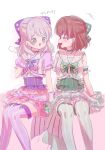  2girls :3 bang_dream! blue_eyes bow breasts brown_hair choker closed_eyes commentary_request dress earrings gloves green_bow green_choker green_dress green_theme grey_hair hair_bow highres holding_hands interlocked_fingers invisible_chair jewelry long_hair medium_breasts meu203 multiple_girls open_mouth pink_background pink_dress puff_of_air puffy_short_sleeves puffy_sleeves purple_bow purple_choker purple_thighhighs short_hair short_sleeves sitting small_breasts star_(symbol) thigh-highs two-tone_background wakamiya_eve white_background white_gloves yamato_maya yuri 
