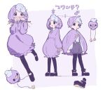  1boy 1girl black_footwear blush_stickers boots cape commentary covering_own_mouth dress drifloon grey_shorts hands_up highres long_sleeves mars_symbol multicolored_hair multiple_views nama_udon personification pokemon purple_cape purple_dress purple_hair shirt short_hair shorts suspender_shorts suspenders translated triangle_mouth two-tone_hair venus_symbol violet_eyes white_hair white_shirt 