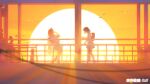  2girls artist_name backlighting backpack bag chromatic_aberration commentary dusk facing_another from_side highres laughing lens_flare long_hair milk_ko multiple_girls orange_sky original outdoors railing school_uniform short_hair skirt sky standing sun sunset twilight 