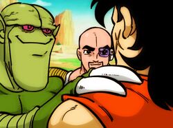  3boys akakichi_no_eleven akakichi_no_eleven_redraws armor bald black_eyes black_hair commentary cross_scar dougi dragon_ball dragon_ball_z english_commentary facial_hair hand_on_another&#039;s_shoulder jinjango male_focus mountain multiple_boys mustache nappa parody red_eyes saibaiman scar scar_on_cheek scar_on_face scouter shoulder_armor smile yamcha 