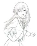  1girl closed_eyes commentary_request greyscale highres long_hair long_sleeves looking_at_viewer monochrome nanami_touko neck_ribbon nyamo open_mouth outstretched_arm ribbon sailor_collar school_uniform smile solo tohmi_higashi_high_school_uniform upper_body yagate_kimi_ni_naru 