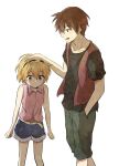  1boy 1girl bare_shoulders belt belt_buckle black_hairband black_shirt blonde_hair blue_eyes blue_shorts brown_hair buckle capri_pants character_request clenched_hands collarbone collared_shirt commentary_request from_side green_pants hairband hand_in_pocket headpat height_difference highres higurashi_no_naku_koro_ni houjou_satoko legs_apart looking_at_another looking_down open_mouth pants pink_shirt red_vest shirt shirt_tucked_in short_hair shorts shorts_rolled_up shosudo simple_background sleeveless sleeveless_shirt standing t-shirt vest violet_eyes white_background yellow_belt 