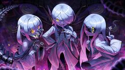  3girls absurdres bandaged_hand bandages blindfold blue_archive bow bowtie colored_skin ein_(blue_archive) extra_pupils fang hair_over_one_eye highres khoaphan96 long_hair mask mechanical_hands mechanical_spine mechanical_tail mouth_mask multiple_girls ohr_(blue_archive) short_hair short_twintails sof_(blue_archive) symbol-shaped_pupils tail tongue tongue_out twintails white_hair white_skin x-shaped_pupils yellow_eyes 