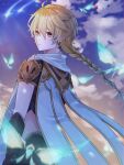  1boy aether_(genshin_impact) ahoge arm_armor armor back belt black_pants blonde_hair blue_butterfly braid brown_belt brown_gloves brown_shirt bug butterfly cape closed_mouth clouds cloudy_sky crystalfly_(genshin_impact) earrings evening falling_star from_behind genshin_impact gloves gold_trim gradient_sky hair_between_eyes hair_ornament hair_ribbon highres jewelry long_hair looking_at_viewer looking_back low-braided_long_hair low-tied_long_hair male_focus midriff outdoors pants purple_sky ribbon scarf shirt short_sleeves shoulder_armor single_earring sky solo standing star_(sky) user_ukdw7725 white_cape white_ribbon white_scarf yellow_eyes yellow_sky 