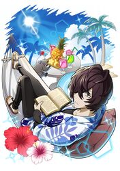  1boy animal black_pants blue_sky book brown_hair bungou_stray_dogs clouds cup drink drinking_glass drinking_straw edgar_allan_poe_(bungou_stray_dogs) floral_print flower food fruit full_body grey_eyes hair_over_one_eye hammock hawaiian_shirt hibiscus holding holding_book lens_flare long_sleeves looking_at_viewer male_focus official_art open_book outdoors palm_tree pants parted_lips pineapple raccoon red_flower sand sandals shirt short_hair sky solo sparkle sun table third-party_source transparent_background tree tropical_drink 