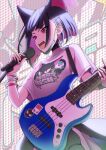  1girl animal_ears black_choker black_hair blue_archive blush bracelet cat_ears choker clothes_writing colored_inner_hair commentary_request electric_guitar extra_ears guitar hair_ornament hairclip highres holding holding_instrument holding_microphone instrument jewelry kazusa_(band)_(blue_archive) kazusa_(blue_archive) microphone multicolored_hair official_alternate_costume open_mouth red_eyes sabita_gen shirt short_hair short_sleeves solo teeth two-tone_hair upper_teeth_only white_shirt 