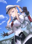  1girl black_gloves blonde_hair blue_eyes blush breasts capelet clouds cloudy_sky day flight_deck gloves graf_zeppelin_(kancolle) hair_between_eyes hat highres kantai_collection large_breasts long_hair looking_at_viewer machinery military military_uniform outdoors peaked_cap sidelocks skirt sky smile solo tsukasa_(tukasa_br) twintails uniform 