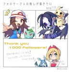  1boy 2girls ;d ahoge allister_(pokemon) black_hair black_wristband breasts bright_pupils brown_eyes brown_hair bulbasaur character_name followers_favorite_challenge glaceon gloves hairband hat highres irida_(pokemon) jewelry leaf_(pokemon) long_hair long_sleeves mask medium_breasts mimikyu multiple_drawing_challenge multiple_girls neck_ring noi_(noi_pk27) one_eye_closed outstretched_arm pokemon pokemon_(creature) pokemon_frlg pokemon_legends:_arceus pokemon_swsh porkpie_hat red_hairband short_hair single_glove smile v-shaped_eyebrows violet_eyes white_hat white_pupils wristband 