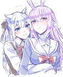  2girls absurdres animal_ear_fluff animal_ears arm_around_waist blue_hair blue_shirt blush bow bowtie braid brown_ribbon brown_vest cat_ears closed_mouth collared_shirt commentary_request dated hair_ribbon highres himesaki_yuzuru hug hug_from_behind long_hair long_sleeves mole mole_under_eye multiple_girls neck_ribbon noripro orange_eyes original parted_lips purple_hair rabbit_ears red_bow red_bowtie red_ribbon ribbon school_uniform serafuku shirayuki_mishiro shirt side_braid smile twitter_username vest virtual_youtuber white_shirt yuri_kyanon 