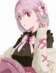  1girl black_skirt bow bowtie breasts frills gridman_universe gridman_universe_(film) hair_ribbon large_breasts long_sleeves looking_at_viewer open_mouth red_eyes ribbon risyo shinjou_akane shirt short_hair skirt solo upper_body zooming_in 