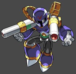  1boy armor full_body grey_background helmet highres humanoid_robot male_focus mega_man_(series) mega_man_x_(series) pillar_buster purple_armor purple_helmet robot shoulder_cannon simple_background solo vile_(mega_man) 
