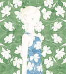  1girl blonde_hair blue_dress closed_eyes colored_skin dress flat_chest floral_background floral_dress flower green_background kst1911 original painting_(medium) petite short_hair skinny solo traditional_media watercolor_(medium) white_flower white_skin 