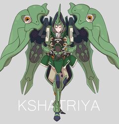 1girl 8823 armored_boots boots brown_pants character_name crossed_arms full_body green_footwear grey_background gundam gundam_unicorn highres humanization knee_boots kshatriya mecha_musume orange_eyes pants red_lips simple_background smile solo standing vernier_thrusters 