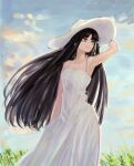  1girl arm_up armpits awa_subaru bare_arms black_hair blue_sky closed_mouth commentary day dress faux_traditional_media girls_band_cry grass hat long_hair outdoors sky smile solo sun_hat tomare_(akashingou) violet_eyes white_dress white_hat 