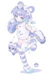  1girl animal_ears arm_up armband bandaid bear_ears bear_girl bear_tail cotono_(nazekun) detached_sleeves dress frilled_armband frilled_dress frilled_sleeves frills hair_ornament highres leg_up mary_janes original purple_hair shoes sleeves_past_fingers sleeves_past_wrists solo sparkle striped_clothes striped_thighhighs stuffed_animal stuffed_toy tail teddy_bear thigh-highs thigh_strap two_side_up white_background white_dress x_hair_ornament 