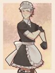  1boy alternate_costume bandaid bandaid_on_face bandaid_on_forehead black_dress black_gloves blush closed_mouth crossdressing dress enmaided eyelashes gloves grey_hair highres looking_to_the_side maid maid_headdress persona persona_3 s7873 sanada_akihiko short_hair short_sleeves solo 