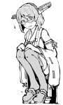  1girl bob_cut boots detached_sleeves glasses greyscale hairband headgear inverted_bob kantai_collection kirishima_(kancolle) looking_at_viewer monochrome nontraditional_miko ribbon-trimmed_sleeves ribbon_trim short_hair smile solo squatting task_(s_task80) thigh-highs thigh_boots 