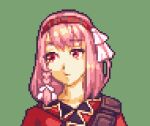  1girl alternate_costume commentary fire_emblem fire_emblem_engage glaceo green_background hair_ribbon hairband lapis_(fire_emblem) lowres pink_eyes pink_hair pixel_art portrait red_hairband red_robe ribbon robe short_hair simple_background solo white_ribbon 