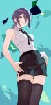  &gt;:) 1girl abstract_background absurdres aqua_background bare_shoulders black_choker black_hair black_ribbon black_shorts black_thighhighs chainsaw_man choker collared_shirt contrapposto from_below green_eyes hair_between_eyes hands_on_own_hips high-waist_shorts highres looking_at_viewer low_ponytail medium_hair neck_ribbon office_lady reze_(chainsaw_man) ribbon shirt shirt_tucked_in shorts sidelocks simple_background sleeveless sleeveless_shirt thigh-highs v-shaped_eyebrows white_shirt wudongyouyi 