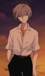  1boy belt black_belt black_pants breast_pocket closed_eyes clouds collared_shirt commentary grey_hair hair_between_eyes hand_in_pocket highres looking_at_viewer male_focus nagisa_kaworu neon_genesis_evangelion open_collar orange_shirt pants pocket red_eyes shirt shirt_tucked_in short_sleeves sky smile solo sunset tousok undershirt white_shirt 