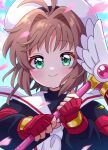  1girl antenna_hair blue_sky blush brown_hair cardcaptor_sakura fingerless_gloves gloves green_eyes highres holding holding_wand kinomoto_sakura looking_at_viewer mmmera827 petals sailor_collar short_hair sky smile solo upper_body wand white_hat white_sailor_collar 