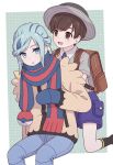  2boys :d :o backpack bag black_socks blue_eyes blue_hair blue_mittens blue_pants blue_scarf blue_shorts blush border brown_bag brown_eyes brown_hair collared_shirt commentary_request eyelashes florian_(pokemon) grey_hat grey_shirt grusha_(pokemon) hat highres jacket light_blue_hair long_sleeves male_focus mittens mozukusa multiple_boys open_mouth pants parted_lips poke_ball_print pokemon pokemon_sv scarf shirt short_hair short_sleeves shorts sidelocks smile socks striped_clothes striped_scarf white_border yellow_jacket 