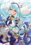  1girl armor azura_(fire_emblem) azura_(song&#039;s_reflection)_(fire_emblem) blue_hair detached_sleeves dress fake_horns fingerless_gloves fire_emblem fire_emblem_fates fire_emblem_heroes gloves hair_between_eyes hairband haru_(nakajou-28) highres horns juliet_sleeves long_hair long_sleeves puffy_sleeves smile solo veil very_long_hair yellow_eyes 