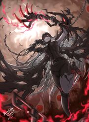  1girl arm_up aura belt black_bodysuit bodysuit breasts chain claws clouds cloudy_sky colored_sclera colored_skin dark_aura demon demon_girl devimon digimon digimon_(creature) flying from_below glowing glowing_eyes grey_skin grin highres knee_up ladydevimon large_breasts large_hands leather_suit long_fingers long_hair looking_at_viewer mask mochachiiino red_eyes red_nails red_sclera silver_bracelet single_bare_leg skull_print sky smile stitches torn_bodysuit torn_clothes torn_wings wings 