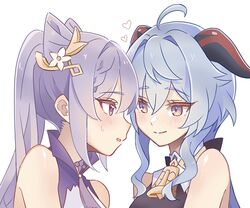  2girls ahoge bare_shoulders bell blue_hair blush closed_mouth commentary cone_hair_bun ganyu_(genshin_impact) genshin_impact hair_bun hashtag-only_commentary highres horns keqing_(genshin_impact) long_hair multiple_girls neck_bell parted_lips purple_hair simple_background smile sweat twintails upper_body violet_eyes white_background wu_qin_(gyxx_04) yuri 