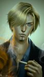  1boy absurdres artist_name blonde_hair blue_eyes cigarette closed_mouth commentary curly_eyebrows english_commentary facial_hair formal goatee hair_over_one_eye highres holding holding_cigarette male_focus one_eye_covered one_piece realistic sanji_(one_piece) short_hair smoke solo suit sweeetrazzbery web_address 