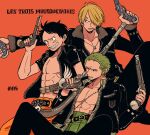  3boys abs black_jacket blonde_hair cigarette commentary_request curly_eyebrows earrings facial_hair fur-trimmed_jacket fur_trim goatee green_hair gun hair_over_one_eye haramaki hatch_(8cco) holding holding_gun holding_weapon jacket jewelry long_sleeves looking_at_viewer male_focus monkey_d._luffy multiple_boys one_piece open_clothes open_shirt orange_background orange_pants pants profile roronoa_zoro sanji_(one_piece) scar scar_on_chest short_sleeves simple_background sitting smile weapon 