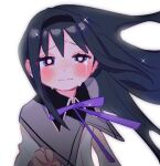  1girl absurdres akemi_homura_(magical_girl) black_hair black_hairband blush capelet closed_mouth collared_capelet collared_shirt crying dot_nose floating_clothes floating_hair from_above furrowed_brow hair_intakes hairband half-closed_eyes hand_up highres kerberos_(kerbe_) long_hair long_sleeves looking_ahead mahou_shoujo_madoka_magica mahou_shoujo_madoka_magica_(anime) neck_ribbon purple_ribbon ribbon shirt simple_background solo streaming_tears sweater tears upper_body very_long_hair violet_eyes white_background white_shirt white_sweater wing_collar 