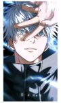  1boy absurdres black_jacket blue_eyes border energy english_text gojou_satoru hand_on_own_head highres jacket jujutsu_kaisen lightning looking_at_viewer male_focus parted_lips portrait solo teeth turtleneck turtleneck_jacket white_border white_hair yoon_(dmsco1803) 