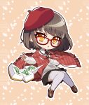  1girl :o beret black_skirt brown_footwear brown_hair brown_ribbon chibi commentary_request flat_chest full_body glasses grey_sweater hat highres long_sleeves looking_at_viewer mahjong_soul mahjong_tile medium_bangs neck_ribbon ninomiya_hana open_mouth orange_background outline plaid_shawl pleated_skirt red-framed_eyewear red_hat red_shawl ribbon sge51 shawl shoes short_hair skirt solo sweater thigh-highs white_outline white_thighhighs yellow_eyes 