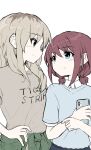  2girls blue_eyes blue_shirt brown_shirt cellphone closed_mouth collared_shirt commentary_request eye_contact girls_band_cry hand_on_own_hip highres hiro_eeee holding holding_phone iseri_nina kawaragi_momoka light_brown_hair looking_at_another multicolored_hair multiple_girls phone redhead roots_(hair) shirt short_sleeves short_twintails simple_background smartphone smile twintails upper_body white_background 