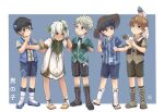  5boys absurdres animal_on_head animal_on_shoulder ao_bluecatboi bird blue_background blue_footwear border brown_hair character_request child cosplay dress english_commentary feathers genshin_impact green_eyes hand_on_own_face hat headband highres isak_(genshin_impact) little_mao_(genshin_impact) male_focus multiple_boys nahida_(genshin_impact) nahida_(genshin_impact)_(cosplay) on_head pigeon sandals shorts straw_hat sun_hat timmie_(genshin_impact) white_border white_dress 