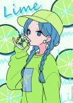 1girl baseball_cap blue_eyes blue_hair breasts commentary cup dated drinking_glass food fruit green_hat green_shirt green_t-shirt grey_background hand_up hat highres holding holding_cup lime_(fruit) lime_slice long_hair long_sleeves looking_at_viewer low_twintails neki_(wakiko) original parted_bangs puffy_long_sleeves puffy_sleeves shirt simple_background sleeves_past_wrists small_breasts solo t-shirt twintails twitter_username upper_body