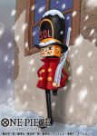  1boy amputee closed_mouth coat commentary_request copyright_name full_body gun hat holding holding_gun holding_weapon kyros male_focus moopic official_art one_piece one_piece_card_game red_coat snow snowing solo thunder_soldier toy_soldier weapon 