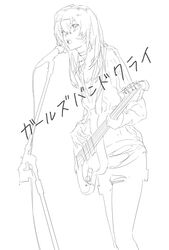  1girl blush choker commentary copyright_name electric_guitar girls_band_cry guitar hair_between_eyes highres instrument kawaragi_momoka lineart long_sleeves microphone microphone_stand music open_mouth playing_instrument shorts solo symbol-only_commentary teeth upper_teeth_only wigfire 