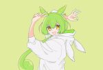  1girl :3 :d alternate_costume green_hair highres hood hood_down hoodie long_hair looking_at_viewer low_ponytail marushi_bo ok_sign open_mouth pea_pod simple_background smile solo v voicevox white_hoodie yellow_eyes zundamon 