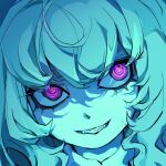  1girl @_@ blue_background blue_hair blue_skin colored_skin cyany english_commentary glowing glowing_eyes grin highres long_hair looking_at_viewer original pink_eyes portrait sharp_teeth smile solo teeth thick_eyelashes violet_eyes 