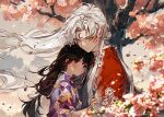  1boy 1girl black_hair blush brown_eyes cherry_blossoms closed_mouth clouds cloudy_sky facial_tattoo falling_petals floating_hair glowing glowing_eyes hair_tie han&#039;you_no_yashahime hand_on_another&#039;s_arm hetero hug inuyasha japanese_clothes kawacy kimono long_hair looking_at_another looking_to_the_side parted_bangs parted_lips petals pointy_ears purple_kimono red_kimono rin_(inuyasha) sesshoumaru sidelocks sky tattoo teeth tree upper_teeth_only white_hair wind yellow_eyes 