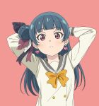  1girl arms_behind_head blue_hair blunt_bangs bow bowtie buttons check_commentary closed_mouth commentary_request dark_blue_hair double-breasted earrings feather_hair_ornament feathers frown genjitsu_no_yohane grey_sailor_collar hair_bun hair_ornament heart heart_earrings highres jewelry light_blush long_hair long_sleeves looking_at_viewer love_live! love_live!_sunshine!! pink_background pink_eyes sailor_collar sano_keiichi school_uniform self_cosplay serafuku shirt sidelocks simple_background single_side_bun solo split_mouth tsushima_yoshiko upper_body uranohoshi_school_uniform white_shirt winter_uniform yellow_bow yellow_bowtie yohane_(genjitsu_no_yohane) 