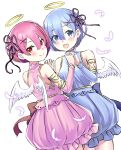  2girls alternate_costume bare_shoulders blue_dress blue_eyes blue_hair blush commentary_request detached_sleeves dress feathers hair_ornament hair_ribbon halo holding_hands looking_at_viewer looking_back multiple_girls open_mouth pink_dress pink_hair pink_ribbon ram_(re:zero) re:zero_kara_hajimeru_isekai_seikatsu red_eyes rem_(re:zero) ribbon s_(hdru2332) siblings simple_background sisters smile standing teeth traditional_halo twins upper_teeth_only white_background x_hair_ornament yellow_halo 